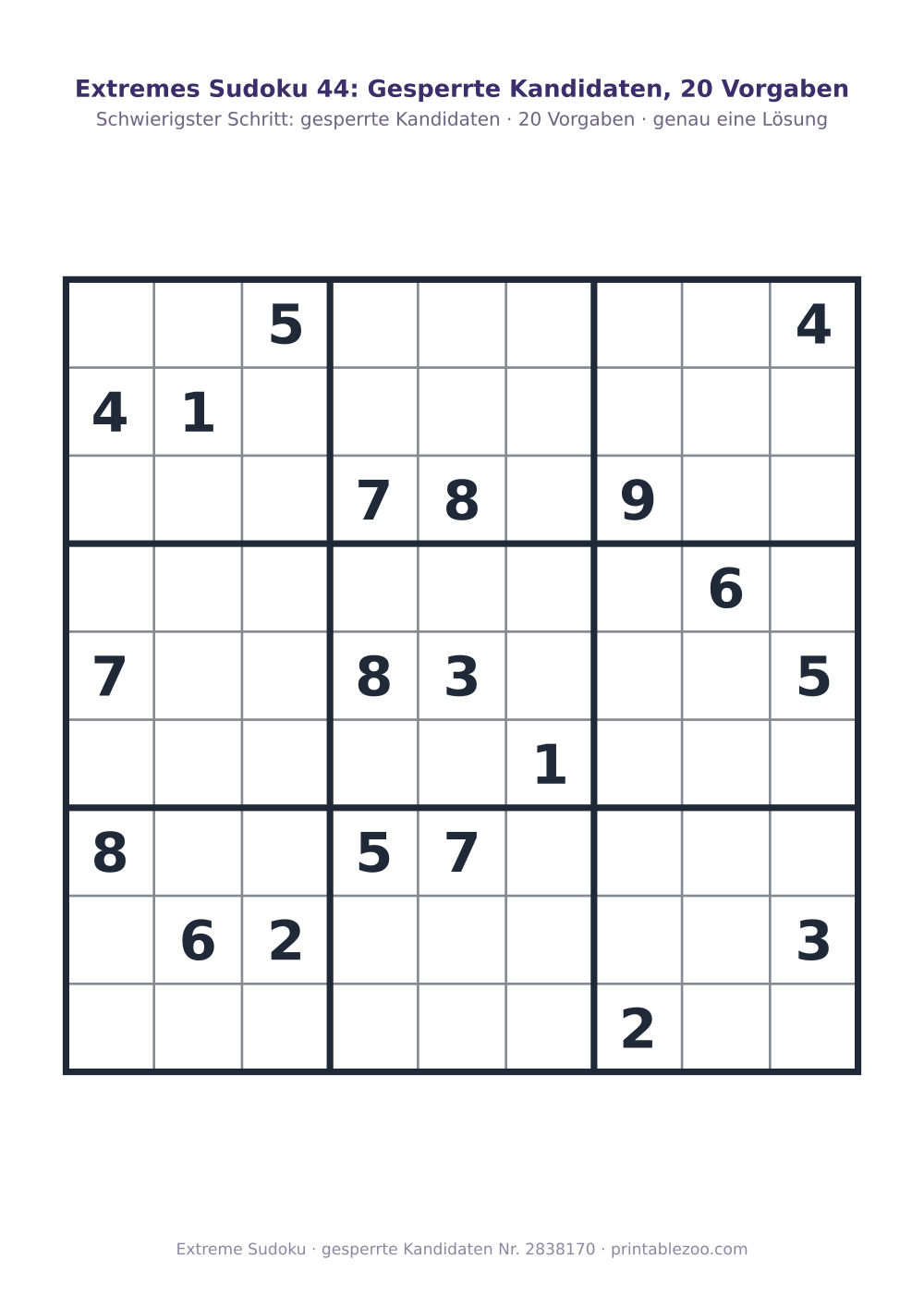 Extremes Sudoku zum Ausdrucken, Stufe gesperrte Kandidaten, 20 Vorgaben, Rätsel 2838170