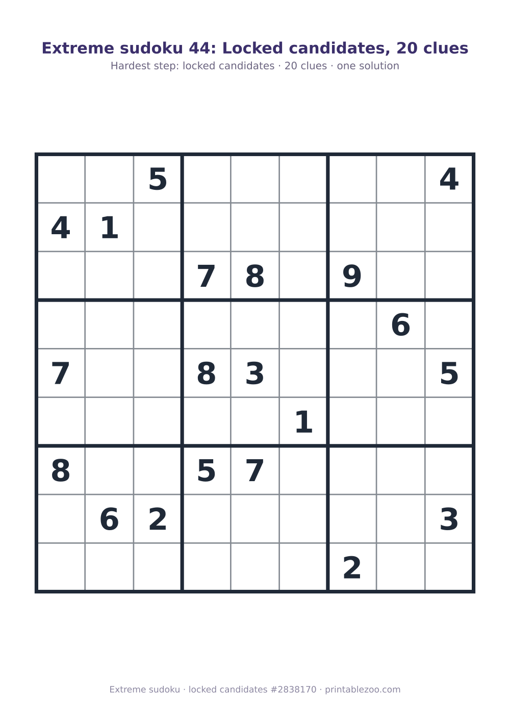 Extreme sudoku printable graded locked candidates, 20 clues, puzzle 2838170