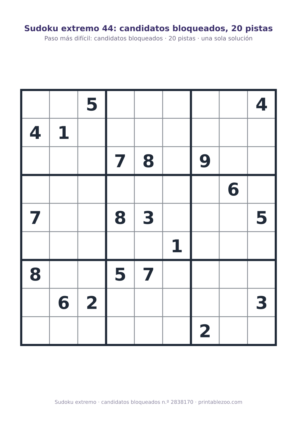 Sudoku extremo para imprimir de nivel candidatos bloqueados, 20 pistas, pasatiempo 2838170