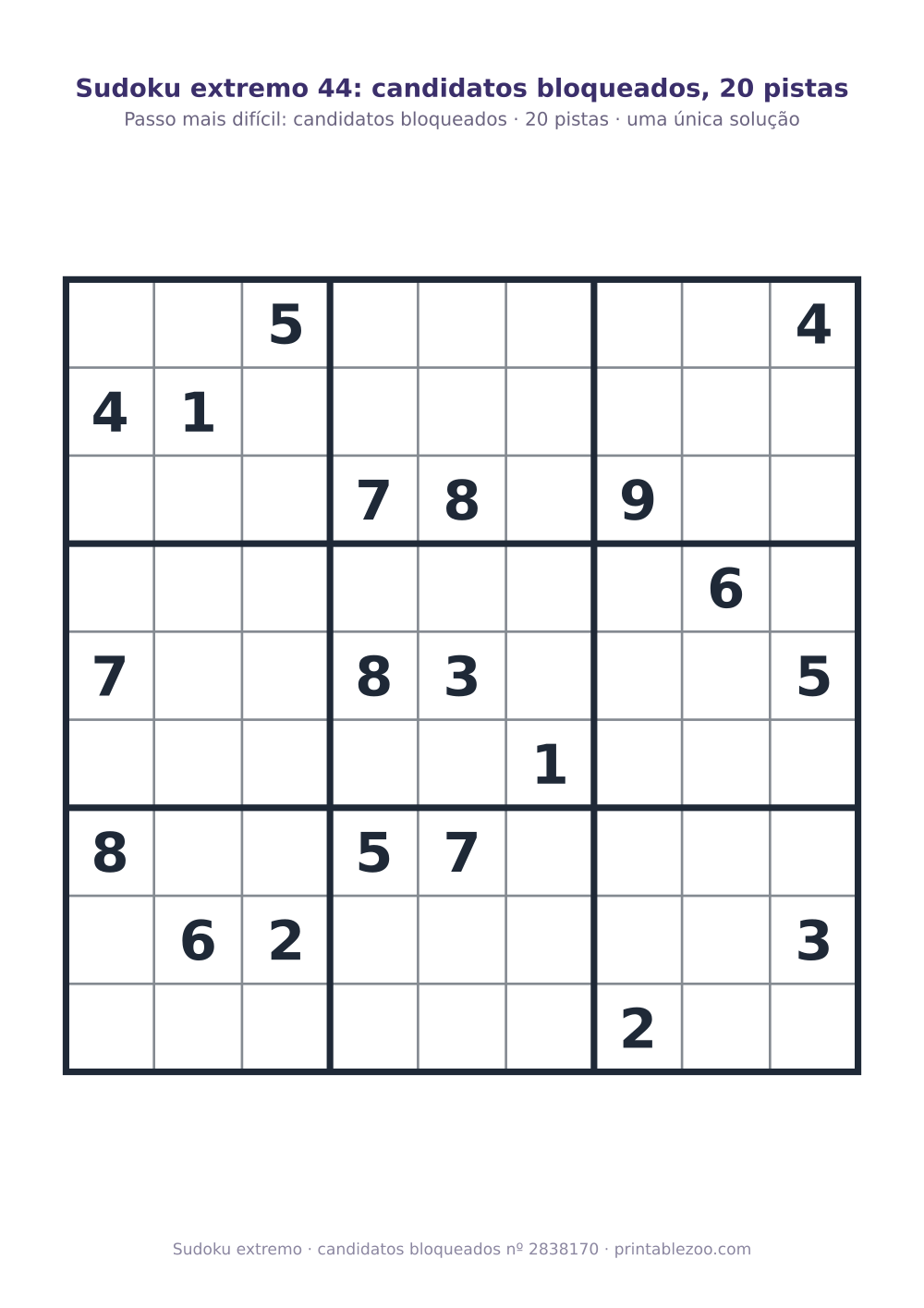 Sudoku extremo para imprimir, nível candidatos bloqueados, 20 pistas, desafio 2838170