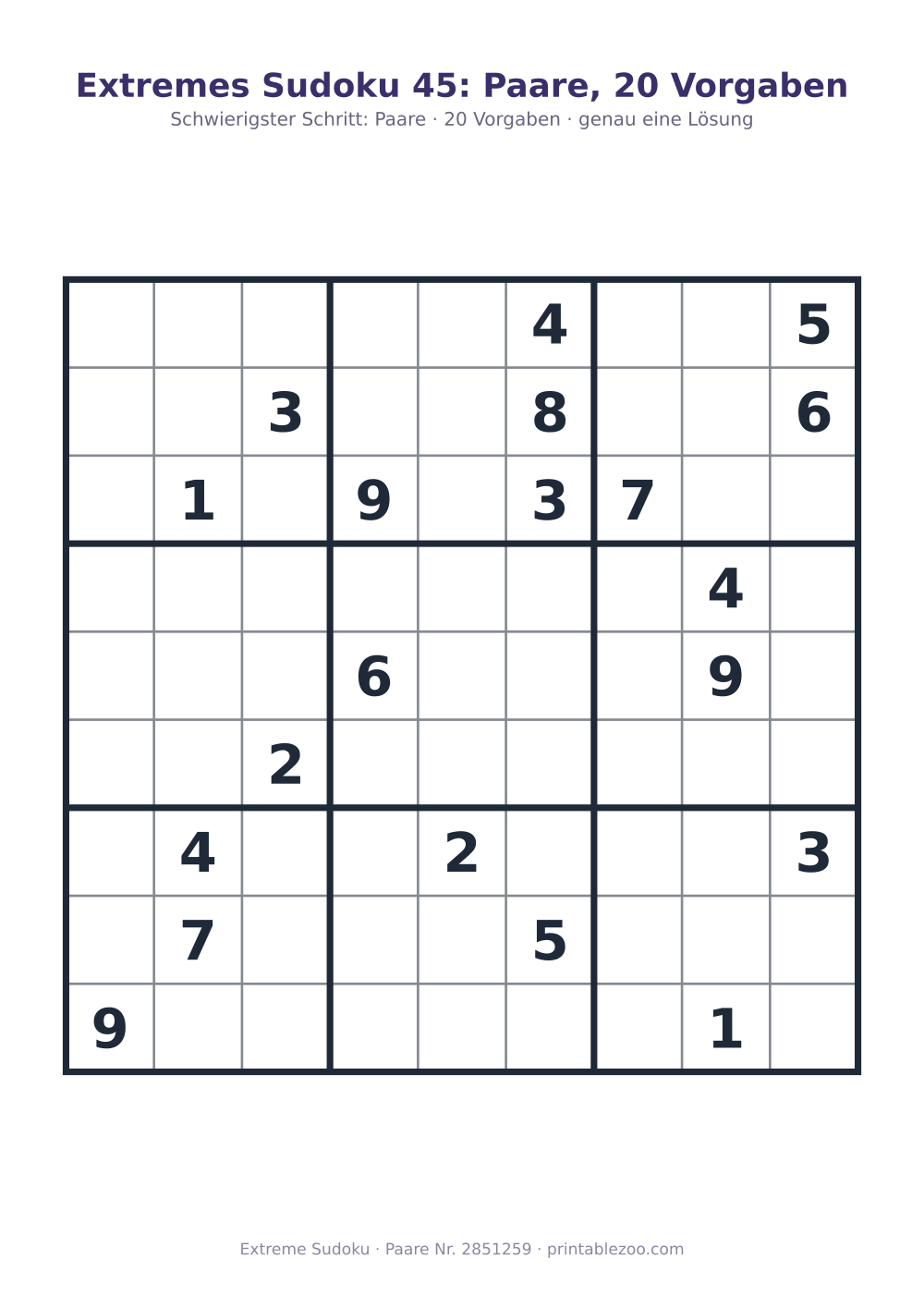 Extremes Sudoku zum Ausdrucken, Stufe Paare, 20 Vorgaben, Rätsel 2851259