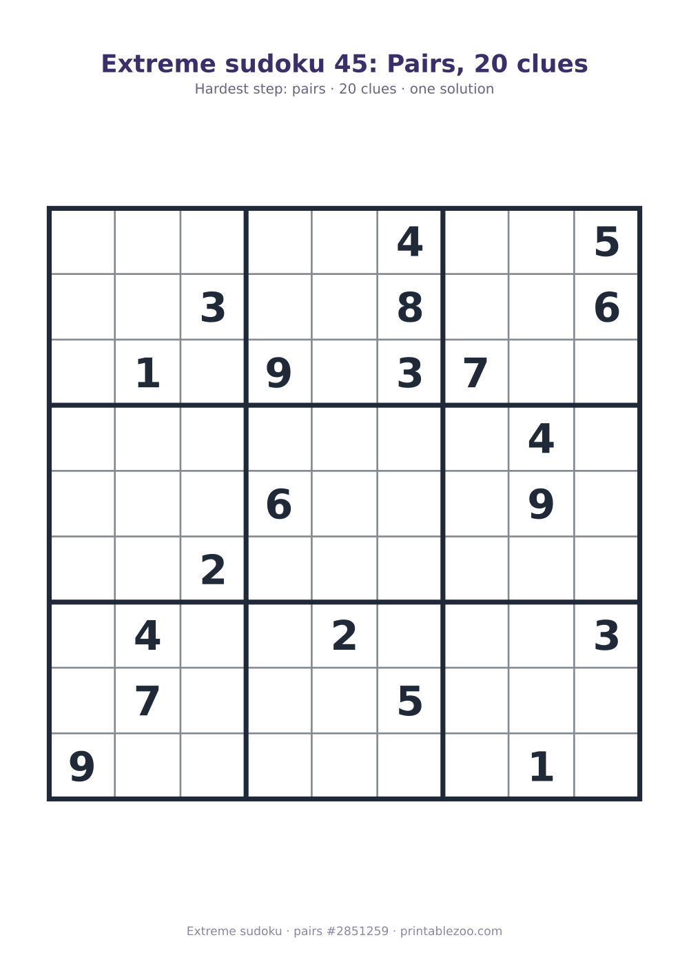 Extreme sudoku printable graded pairs, 20 clues, puzzle 2851259