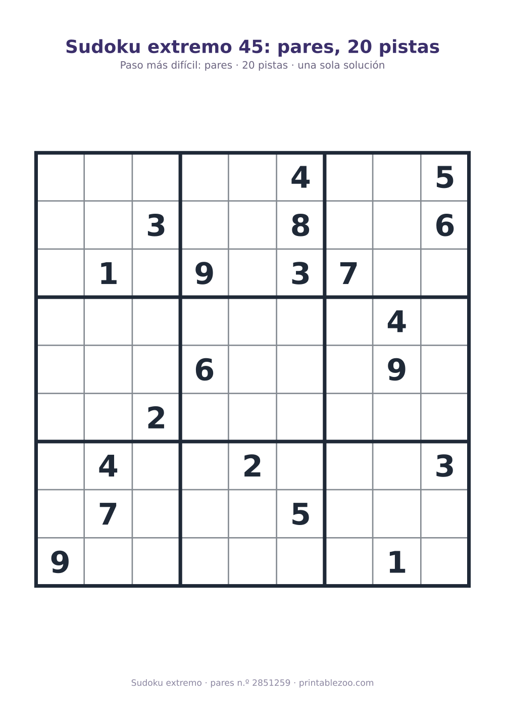 Sudoku extremo para imprimir de nivel pares, 20 pistas, pasatiempo 2851259