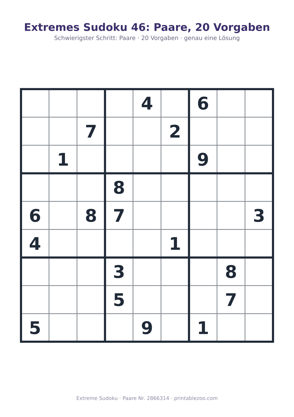 Extremes Sudoku zum Ausdrucken, Stufe Paare, 20 Vorgaben, Rätsel 2866314
