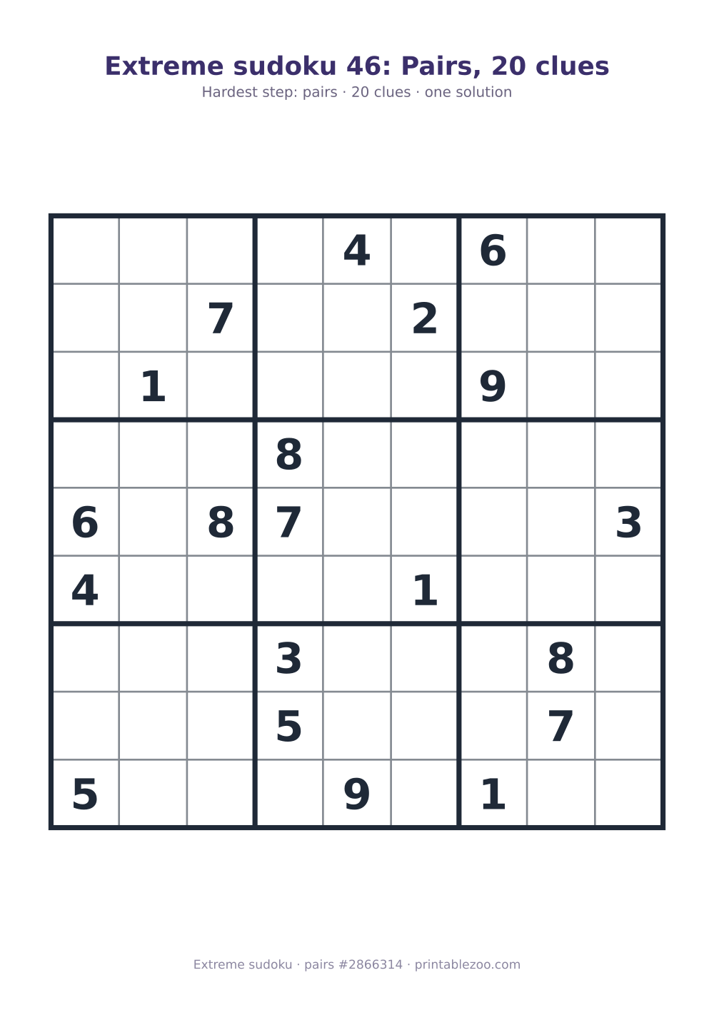 Extreme sudoku printable graded pairs, 20 clues, puzzle 2866314