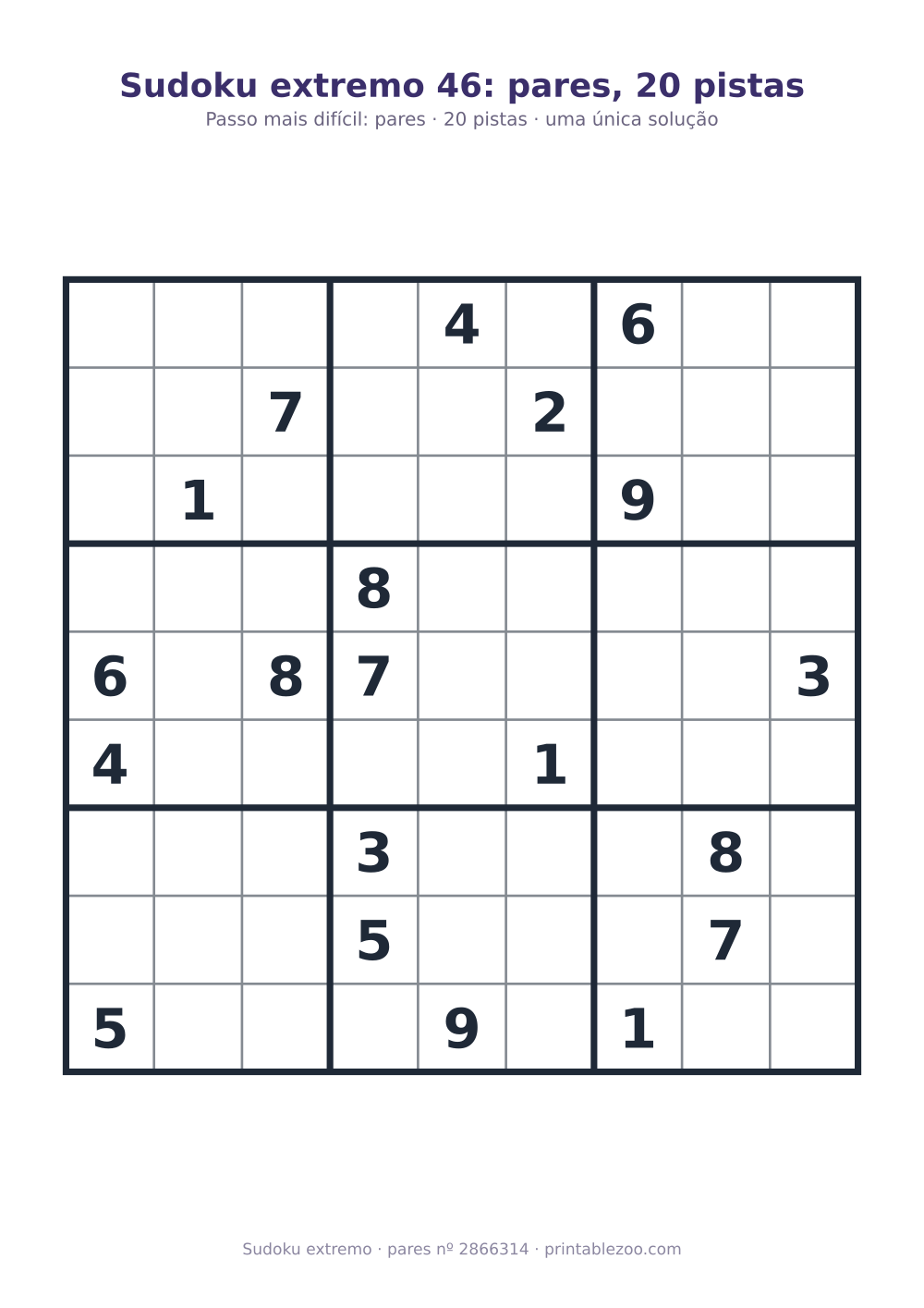 Sudoku extremo para imprimir, nível pares, 20 pistas, desafio 2866314