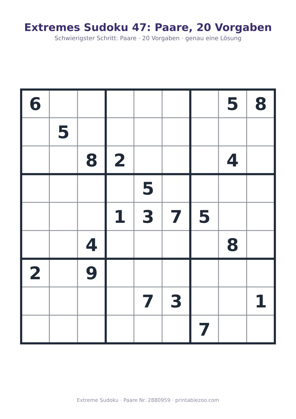 Extremes Sudoku zum Ausdrucken, Stufe Paare, 20 Vorgaben, Rätsel 2880959