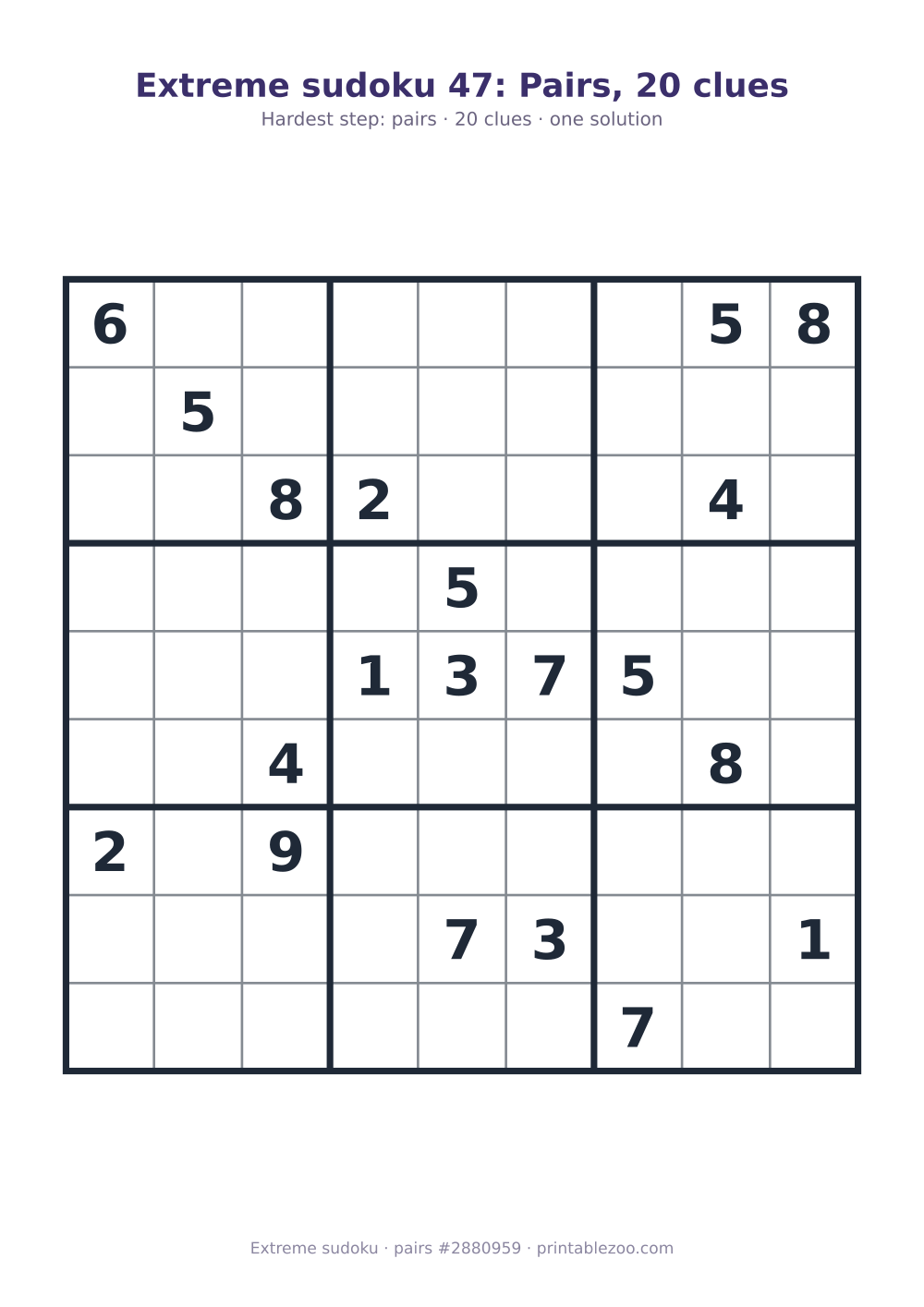 Extreme sudoku printable graded pairs, 20 clues, puzzle 2880959