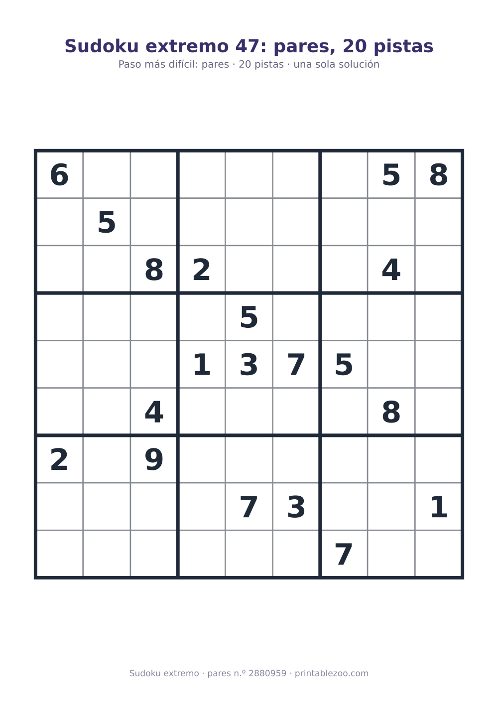 Sudoku extremo para imprimir de nivel pares, 20 pistas, pasatiempo 2880959