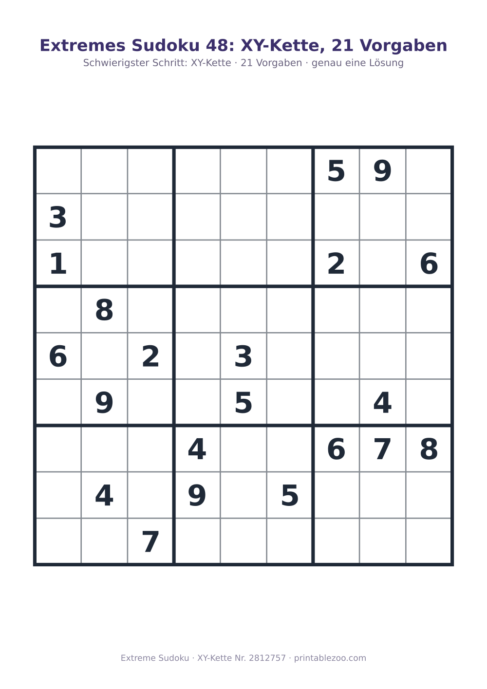 Extremes Sudoku zum Ausdrucken, Stufe XY-Kette, 21 Vorgaben, Rätsel 2812757