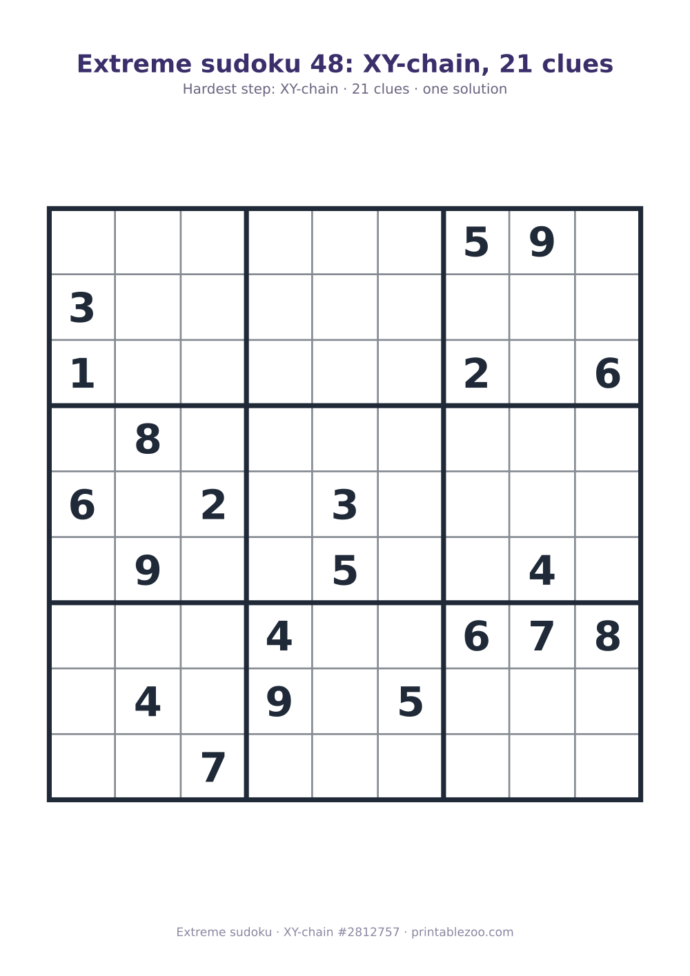 Extreme sudoku printable graded XY-chain, 21 clues, puzzle 2812757