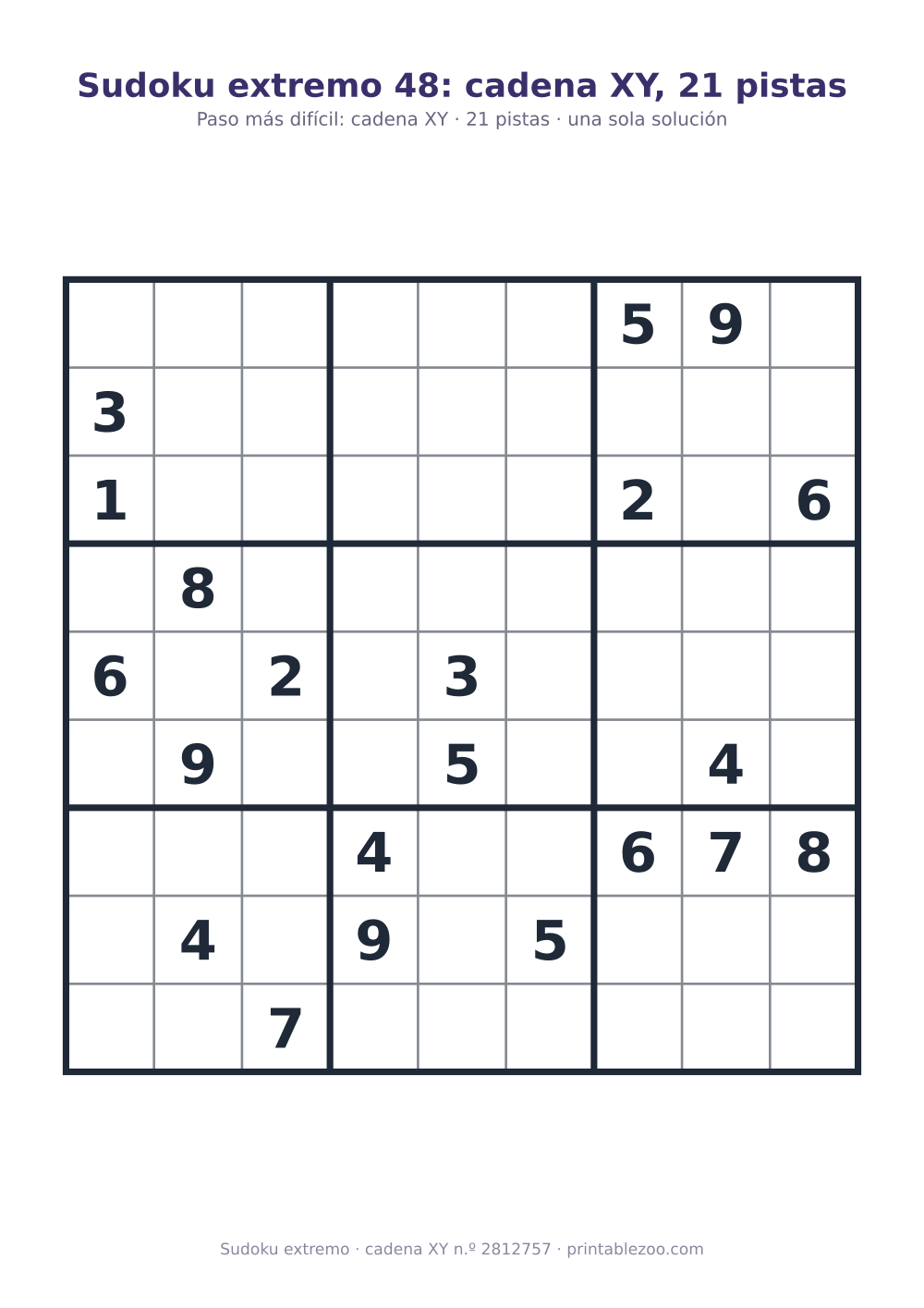 Sudoku extremo para imprimir de nivel cadena XY, 21 pistas, pasatiempo 2812757