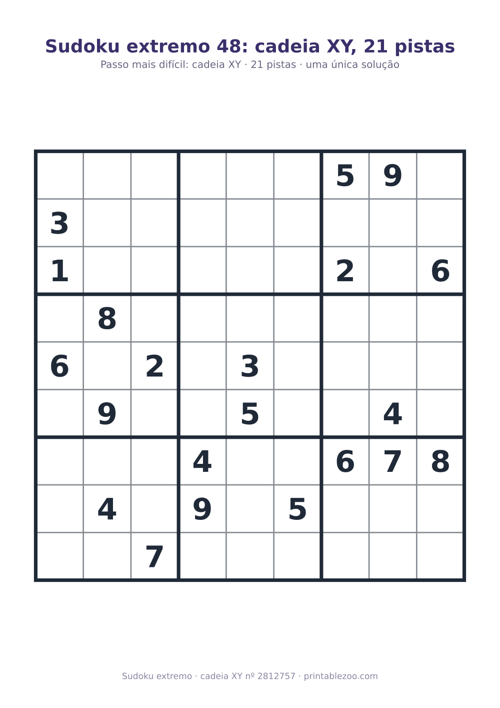 Sudoku extremo para imprimir, nível cadeia XY, 21 pistas, desafio 2812757