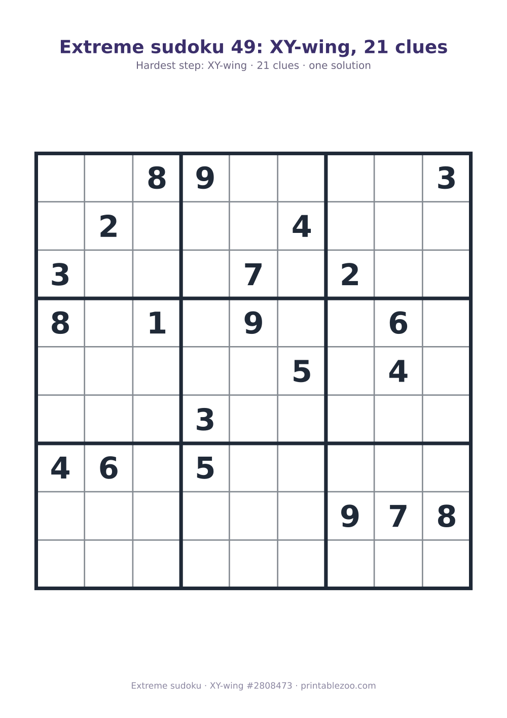 Extreme sudoku printable graded XY-wing, 21 clues, puzzle 2808473