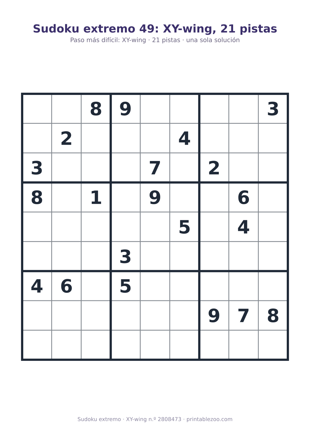 Sudoku extremo para imprimir de nivel XY-wing, 21 pistas, pasatiempo 2808473