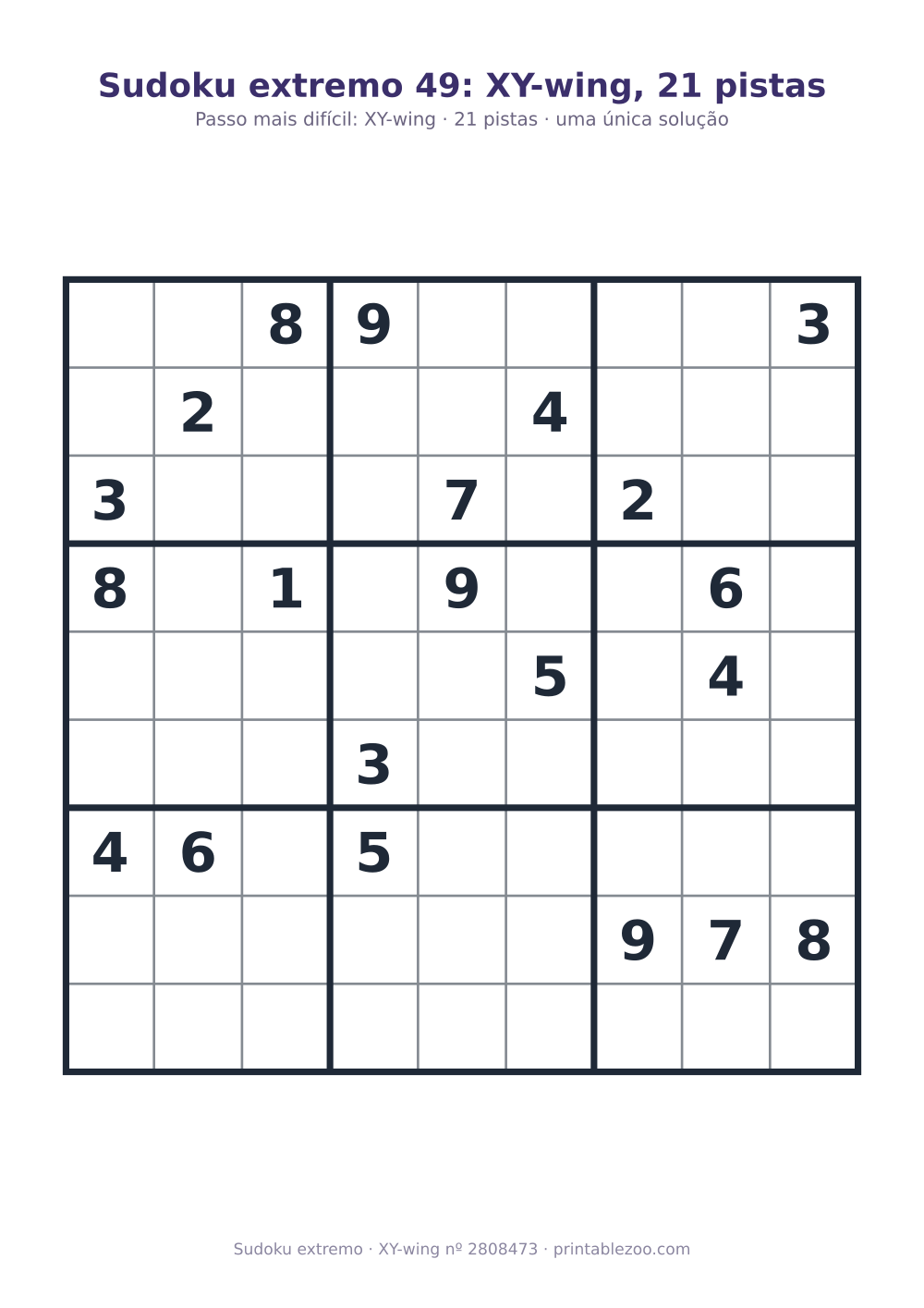 Sudoku extremo para imprimir, nível XY-wing, 21 pistas, desafio 2808473