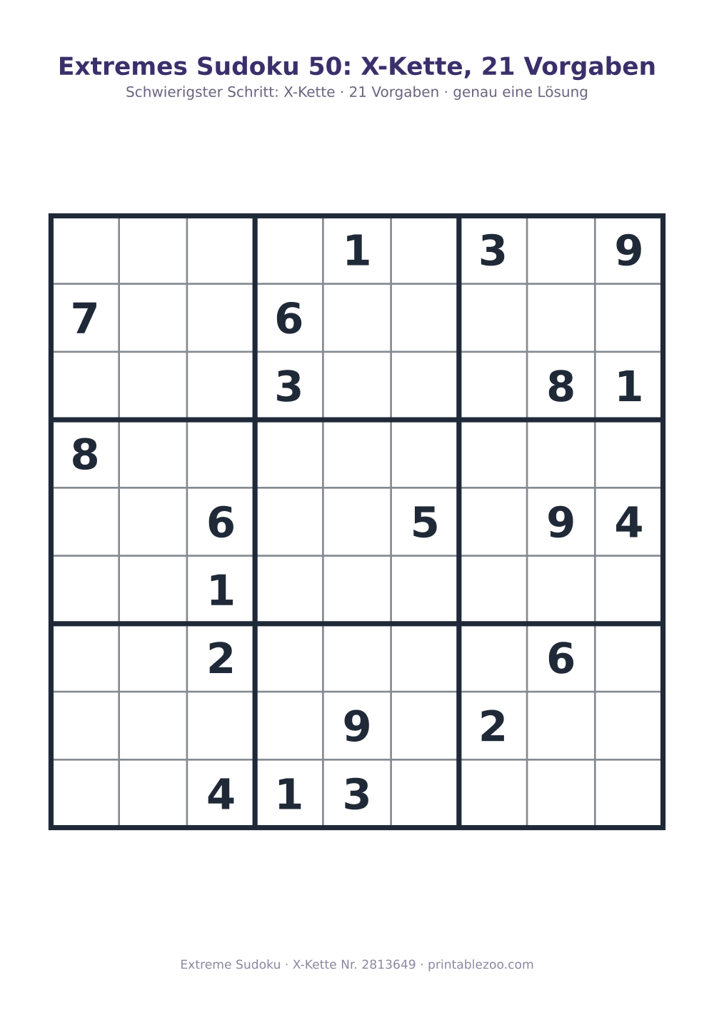 Extremes Sudoku zum Ausdrucken, Stufe X-Kette, 21 Vorgaben, Rätsel 2813649