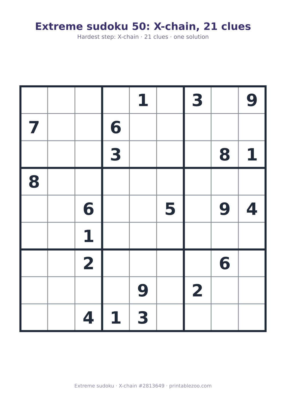 Extreme sudoku printable graded X-chain, 21 clues, puzzle 2813649