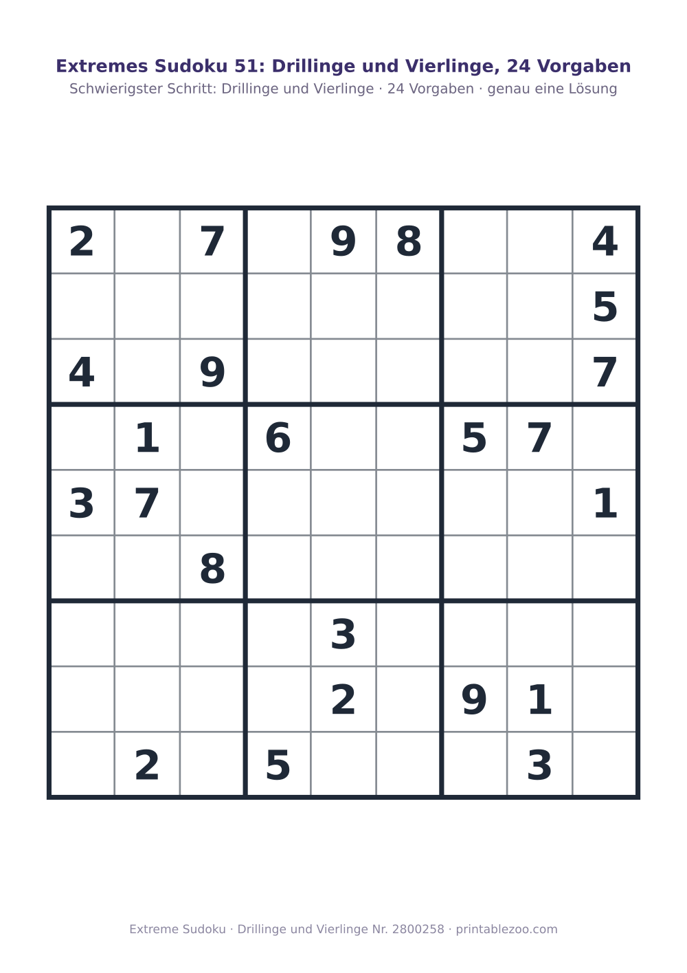 Extremes Sudoku zum Ausdrucken, Stufe Drillinge und Vierlinge, 24 Vorgaben, Rätsel 2800258
