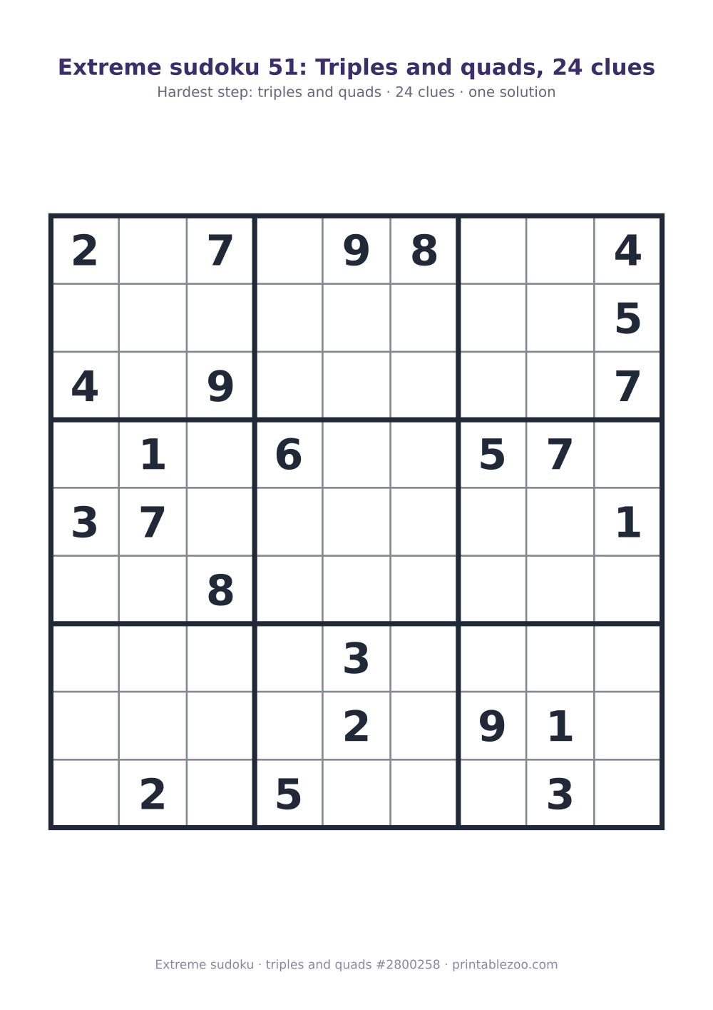Extreme sudoku printable graded triples and quads, 24 clues, puzzle 2800258