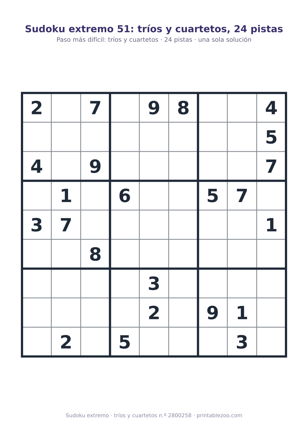 Sudoku extremo para imprimir de nivel tríos y cuartetos, 24 pistas, pasatiempo 2800258