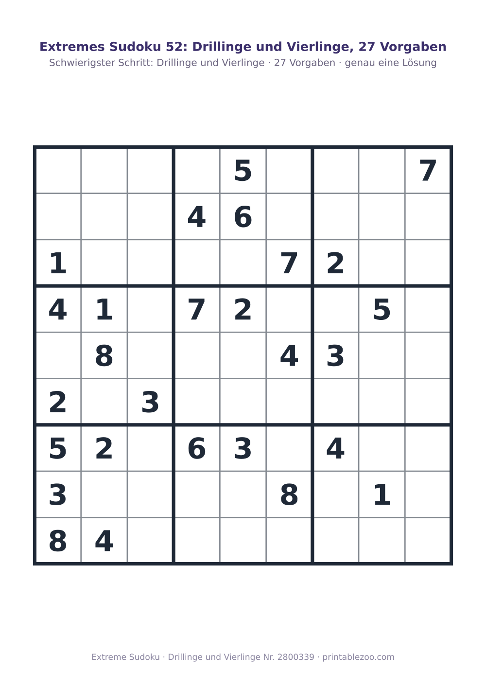 Extremes Sudoku zum Ausdrucken, Stufe Drillinge und Vierlinge, 27 Vorgaben, Rätsel 2800339