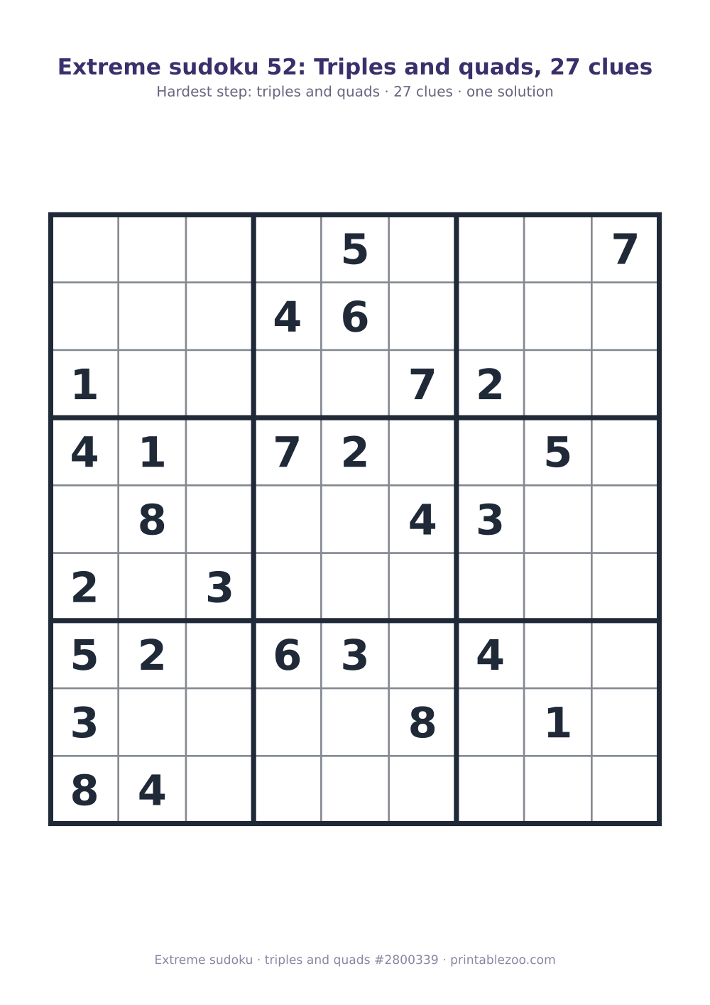 Extreme sudoku printable graded triples and quads, 27 clues, puzzle 2800339