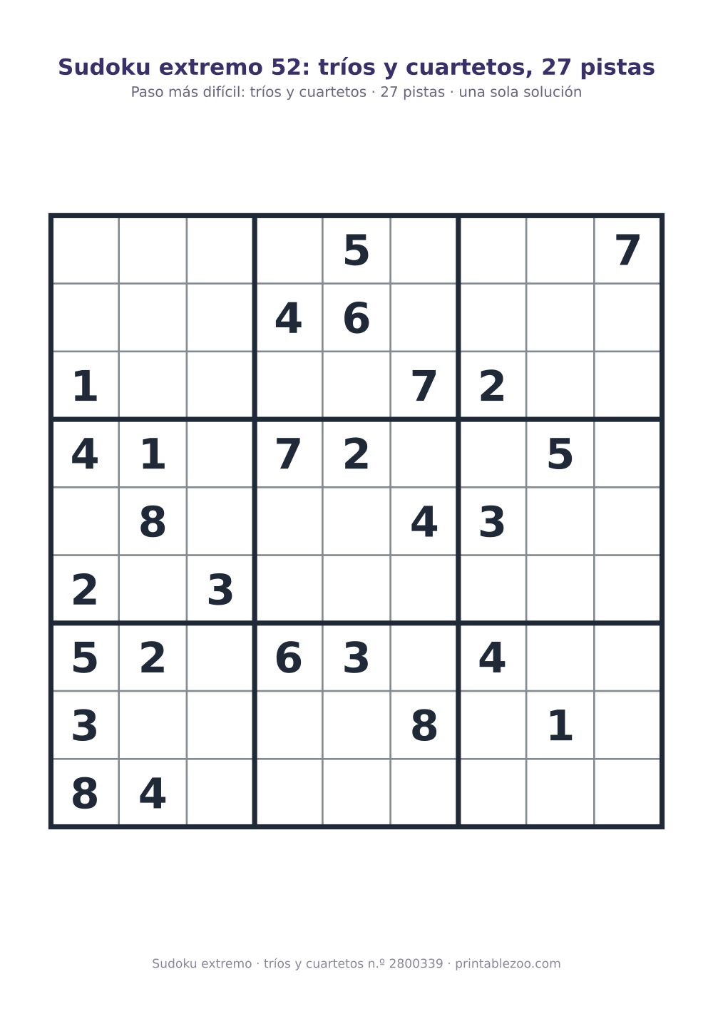 Sudoku extremo para imprimir de nivel tríos y cuartetos, 27 pistas, pasatiempo 2800339