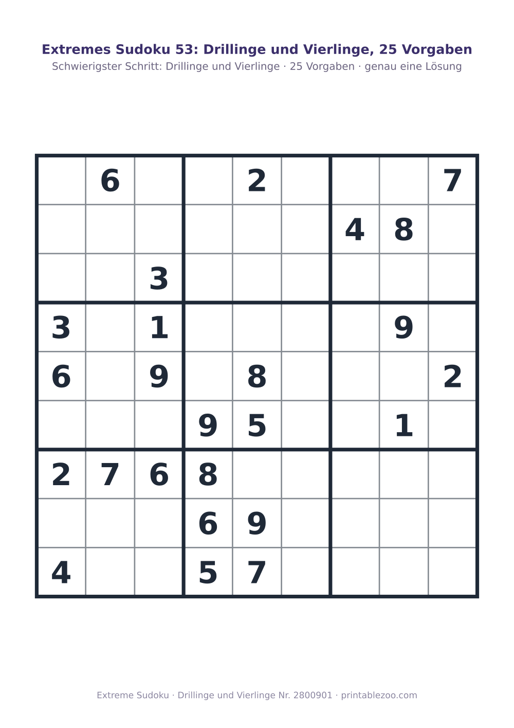 Extremes Sudoku zum Ausdrucken, Stufe Drillinge und Vierlinge, 25 Vorgaben, Rätsel 2800901