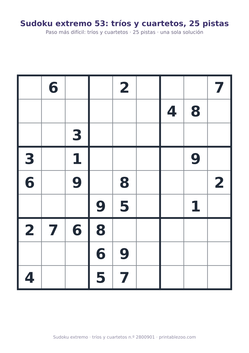 Sudoku extremo para imprimir de nivel tríos y cuartetos, 25 pistas, pasatiempo 2800901