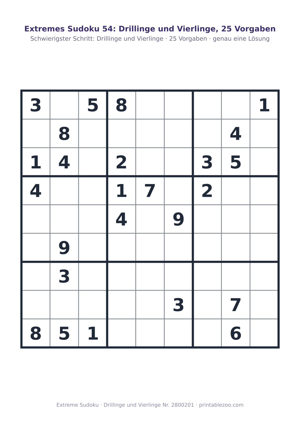 Extremes Sudoku zum Ausdrucken, Stufe Drillinge und Vierlinge, 25 Vorgaben, Rätsel 2800201