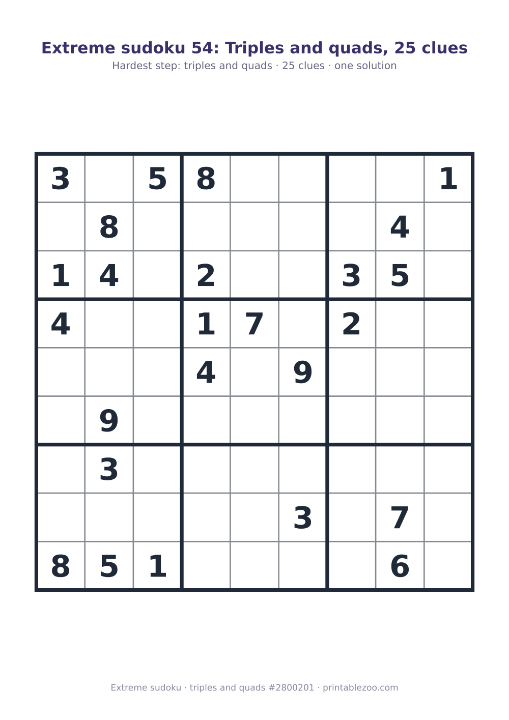 Extreme sudoku printable graded triples and quads, 25 clues, puzzle 2800201