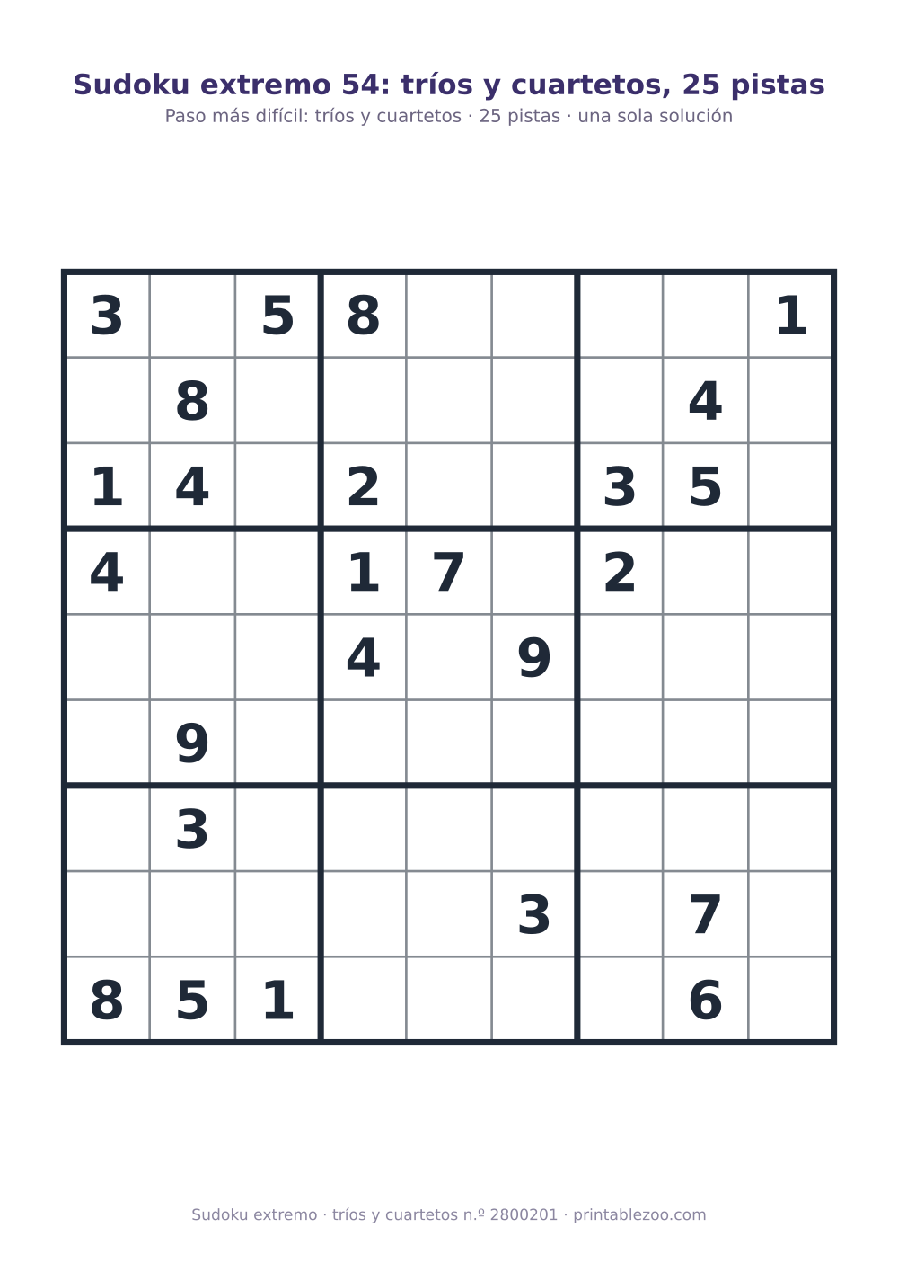 Sudoku extremo para imprimir de nivel tríos y cuartetos, 25 pistas, pasatiempo 2800201