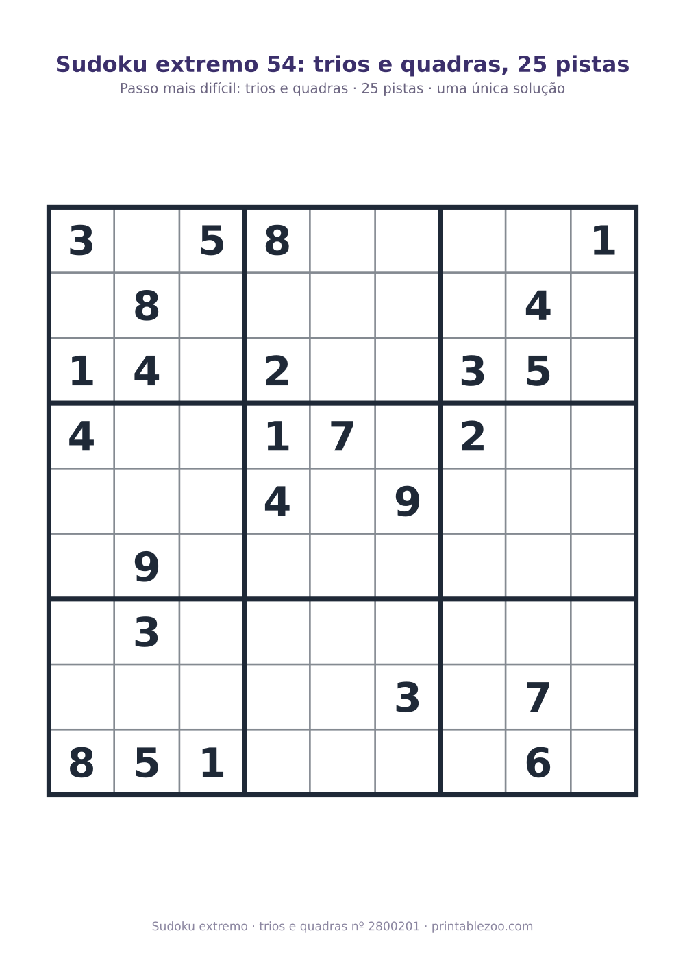 Sudoku extremo para imprimir, nível trios e quadras, 25 pistas, desafio 2800201