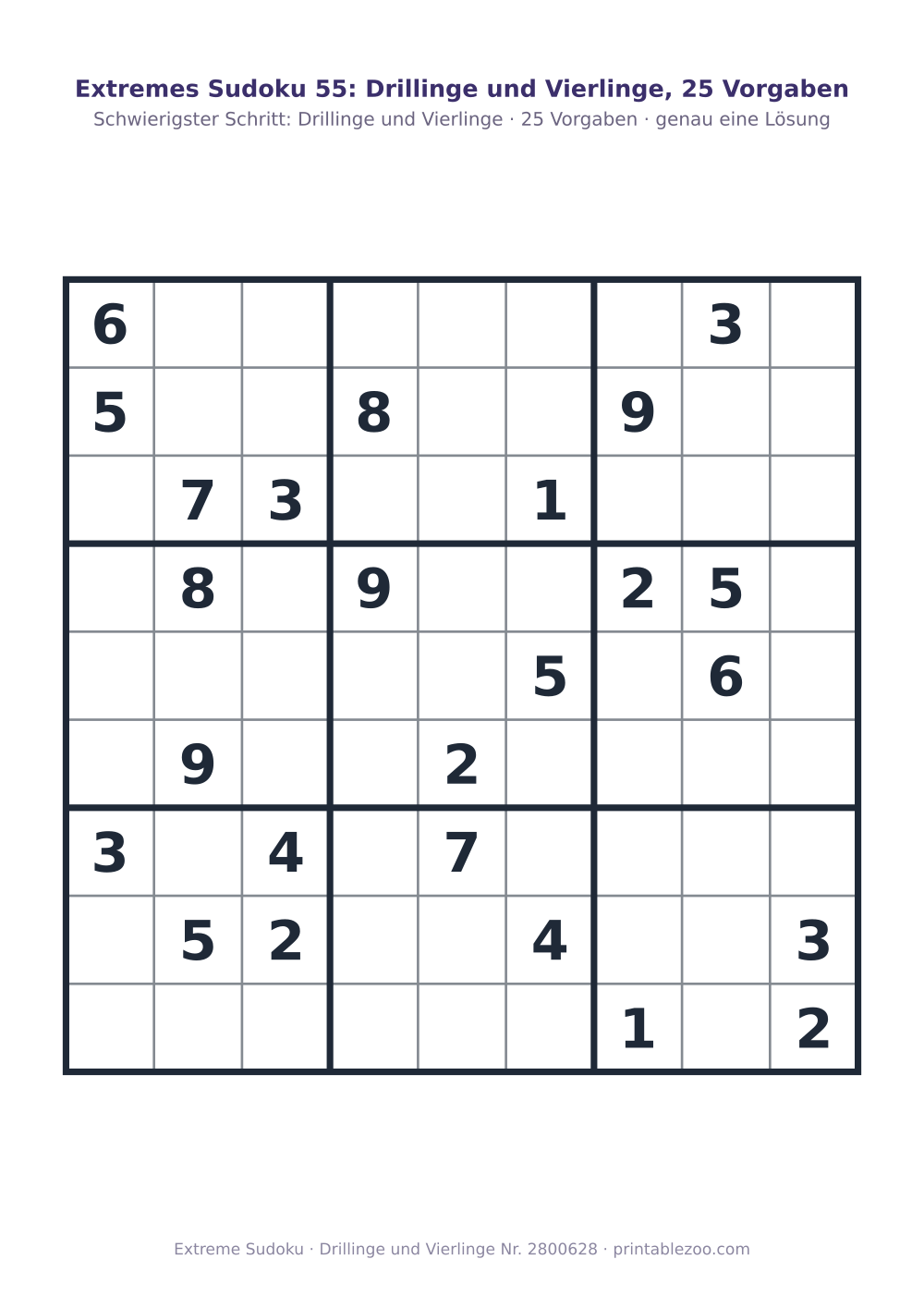 Extremes Sudoku zum Ausdrucken, Stufe Drillinge und Vierlinge, 25 Vorgaben, Rätsel 2800628