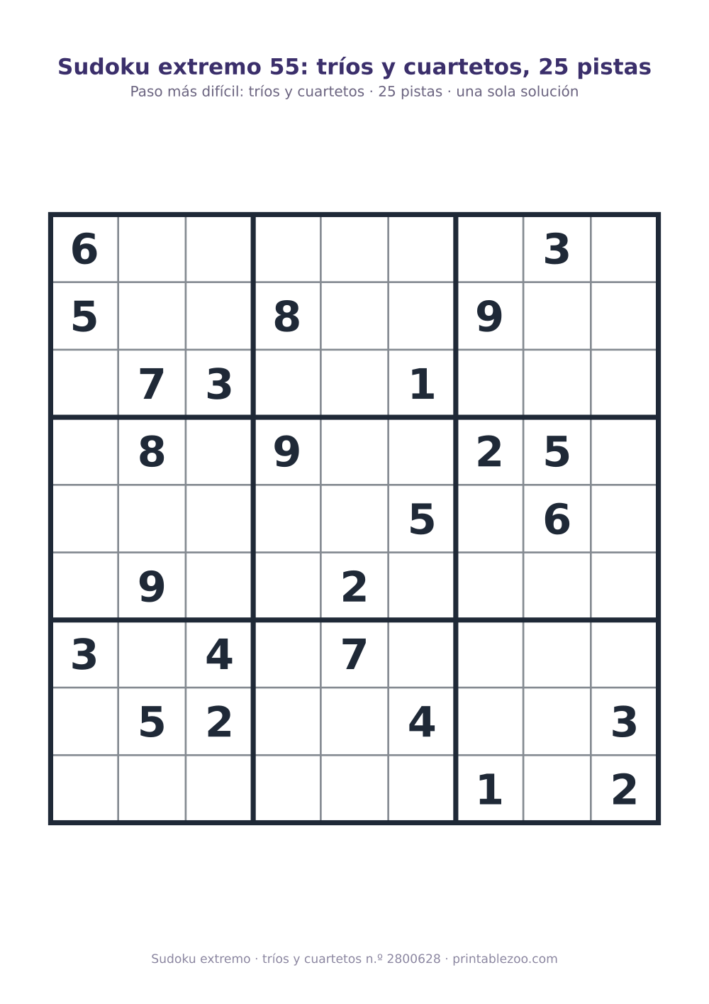 Sudoku extremo para imprimir de nivel tríos y cuartetos, 25 pistas, pasatiempo 2800628