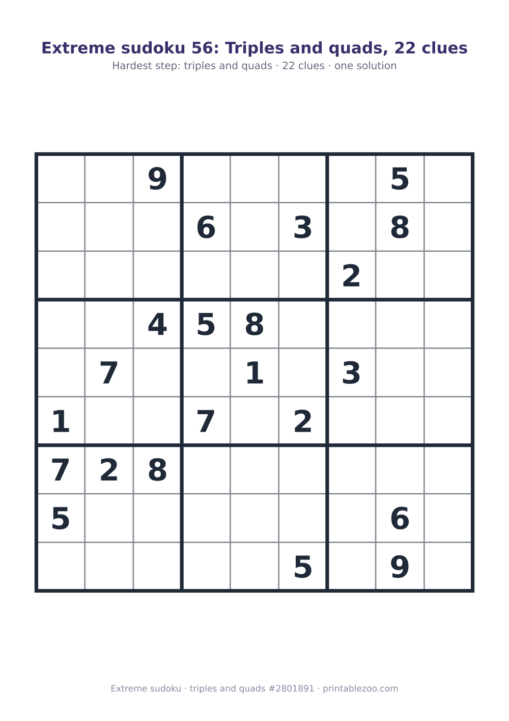 Extreme sudoku printable graded triples and quads, 22 clues, puzzle 2801891