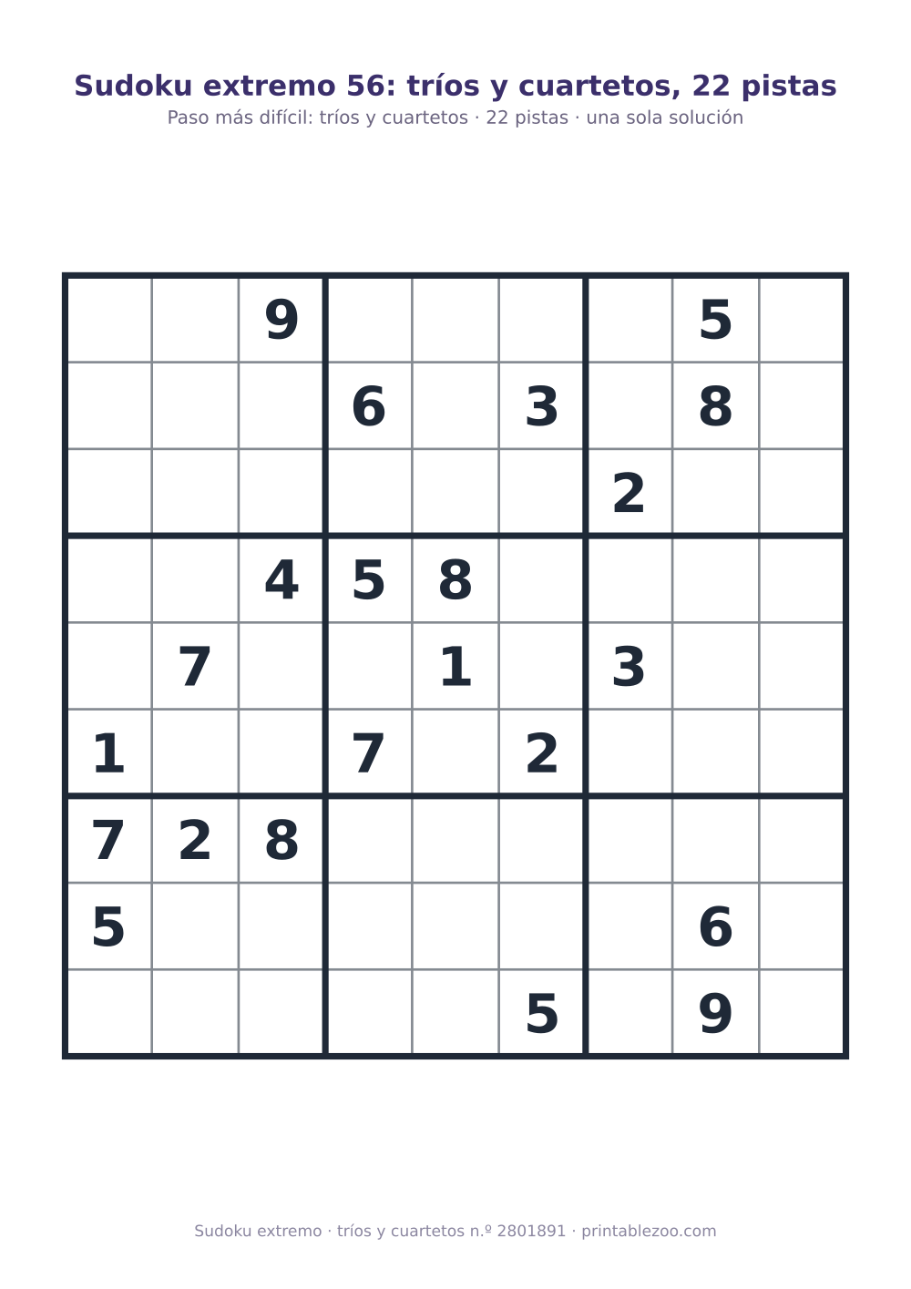 Sudoku extremo para imprimir de nivel tríos y cuartetos, 22 pistas, pasatiempo 2801891