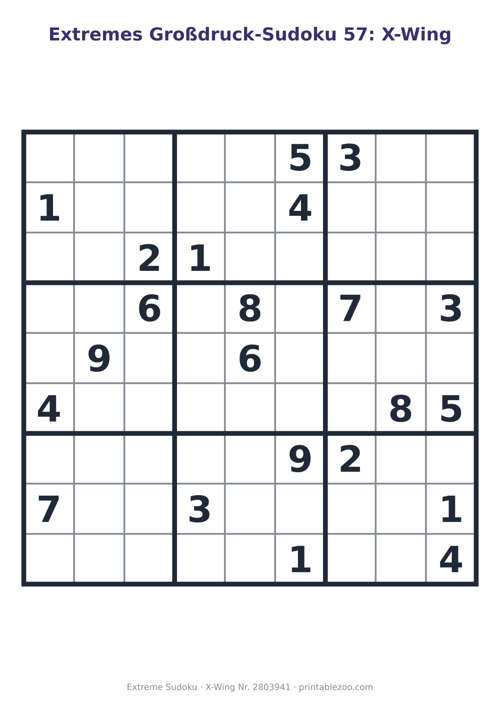 Extremes Sudoku im Großdruck zum Ausdrucken, Stufe X-Wing, 22 Vorgaben, Rätsel 2803941