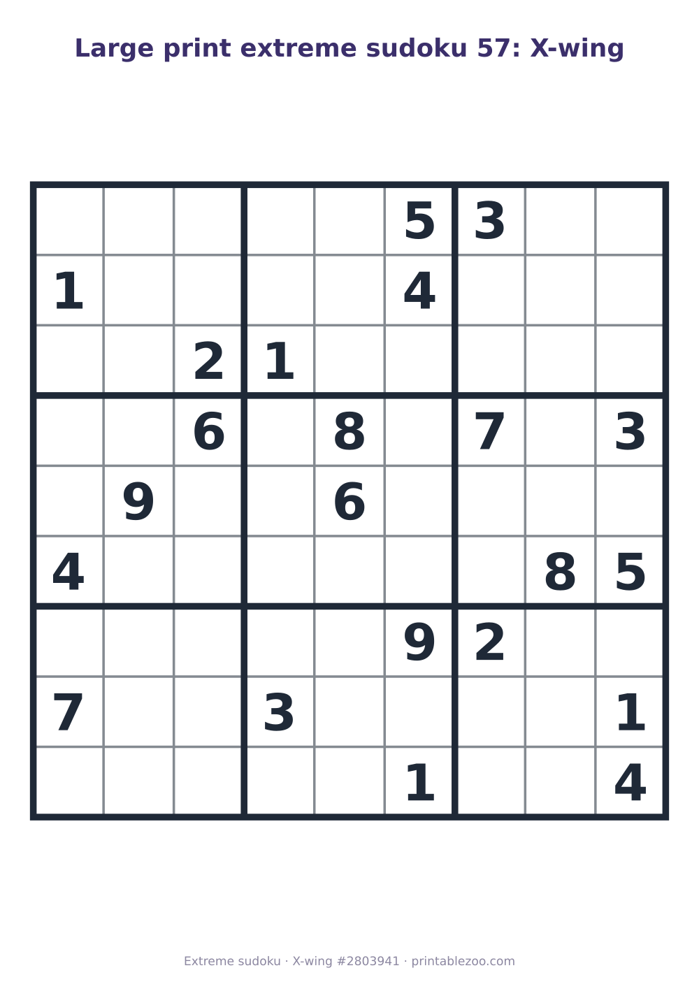 Large print extreme sudoku printable graded X-wing, 22 clues, puzzle 2803941
