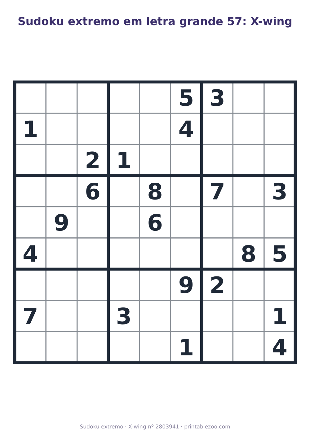Sudoku extremo em letra grande para imprimir, nível X-wing, 22 pistas, desafio 2803941