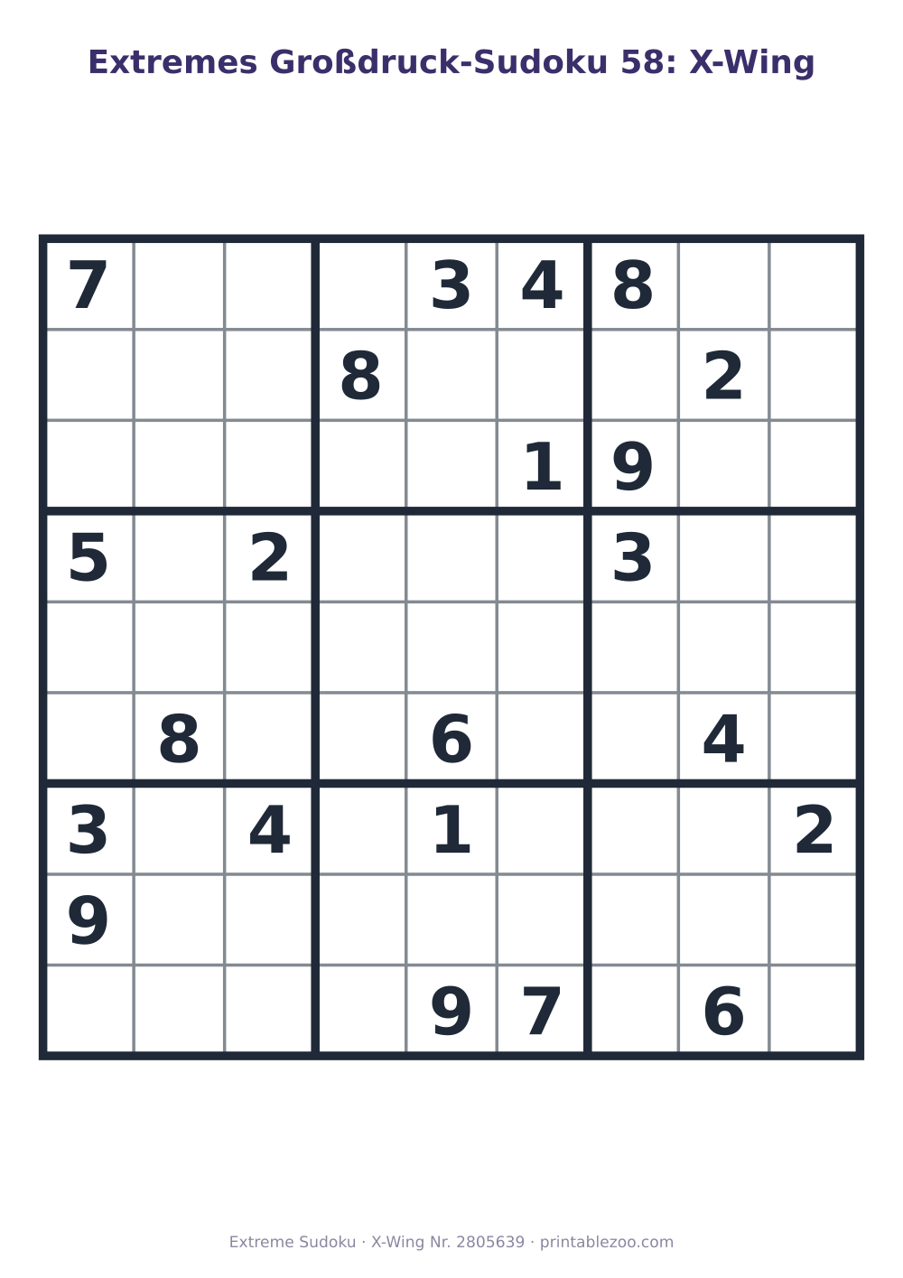 Extremes Sudoku im Großdruck zum Ausdrucken, Stufe X-Wing, 22 Vorgaben, Rätsel 2805639