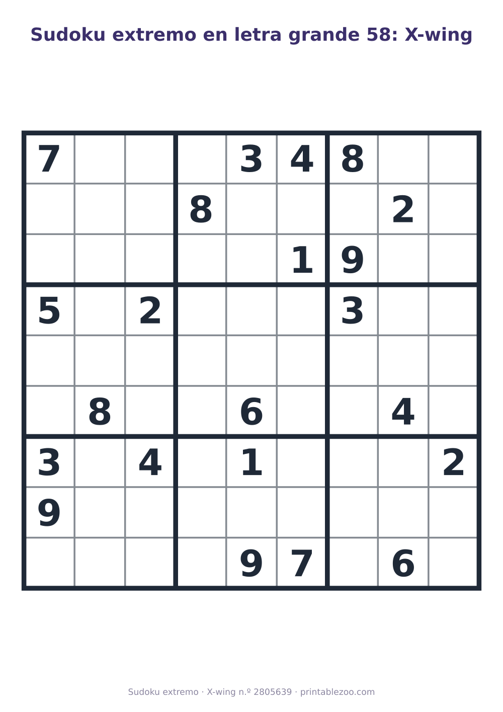 Sudoku extremo en letra grande para imprimir, nivel X-wing, 22 pistas, pasatiempo 2805639