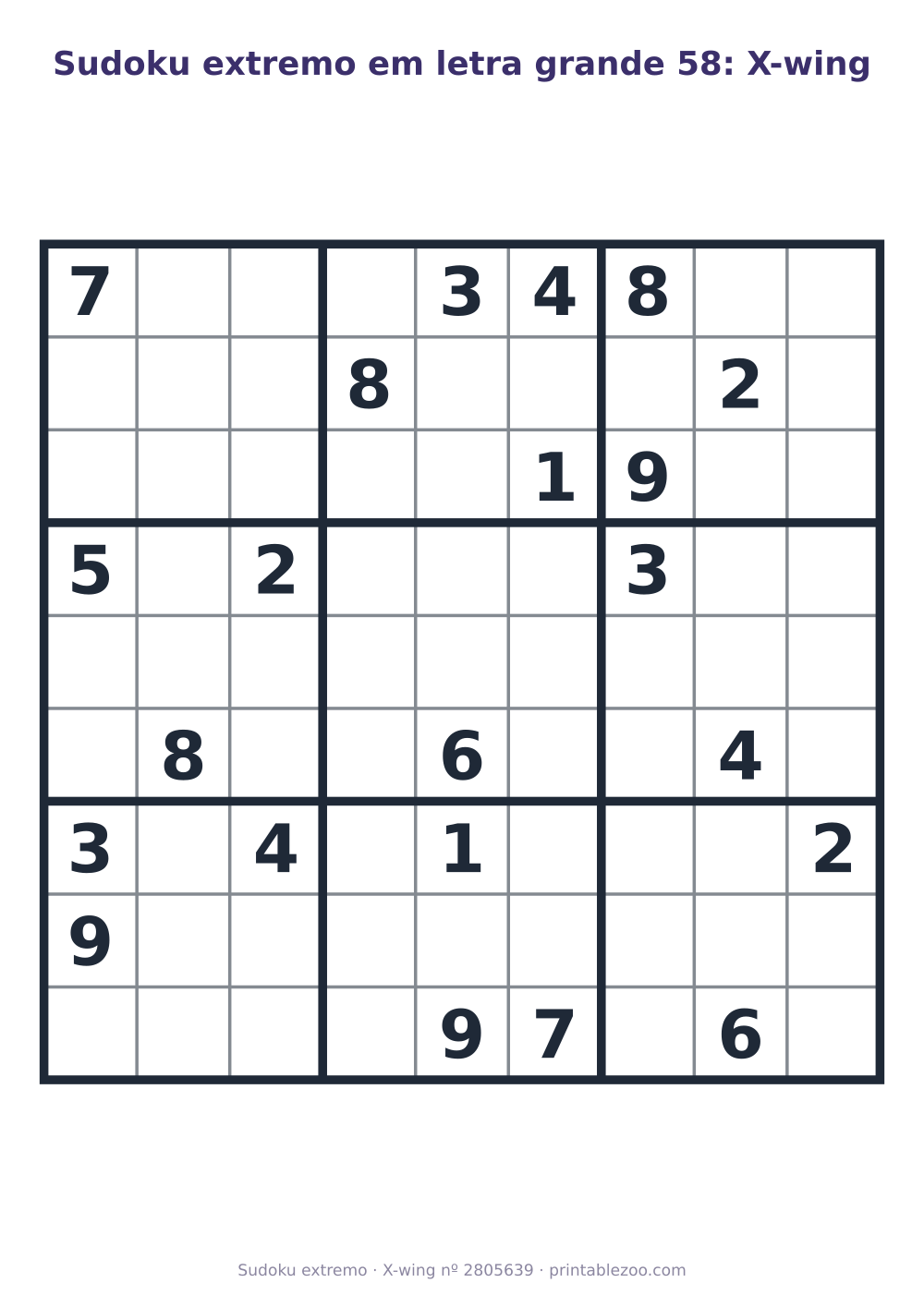 Sudoku extremo em letra grande para imprimir, nível X-wing, 22 pistas, desafio 2805639