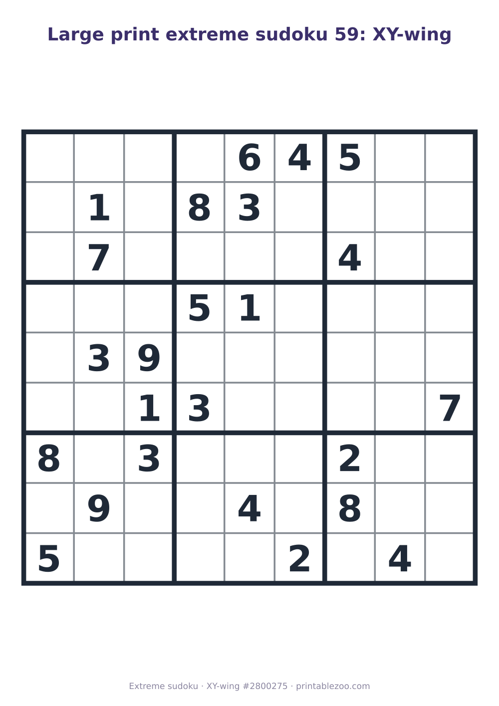 Large print extreme sudoku printable graded XY-wing, 24 clues, puzzle 2800275