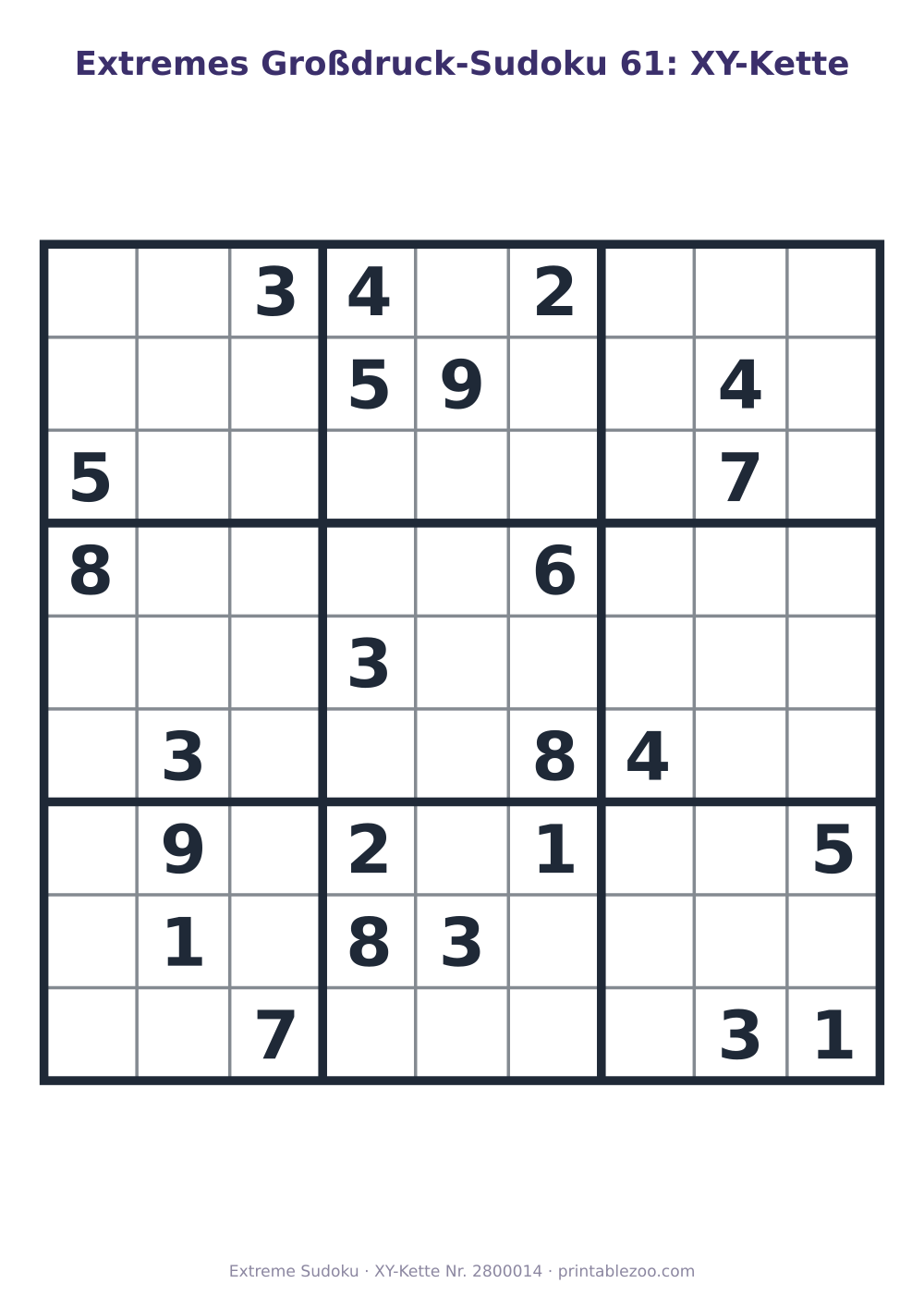 Extremes Sudoku im Großdruck zum Ausdrucken, Stufe XY-Kette, 24 Vorgaben, Rätsel 2800014