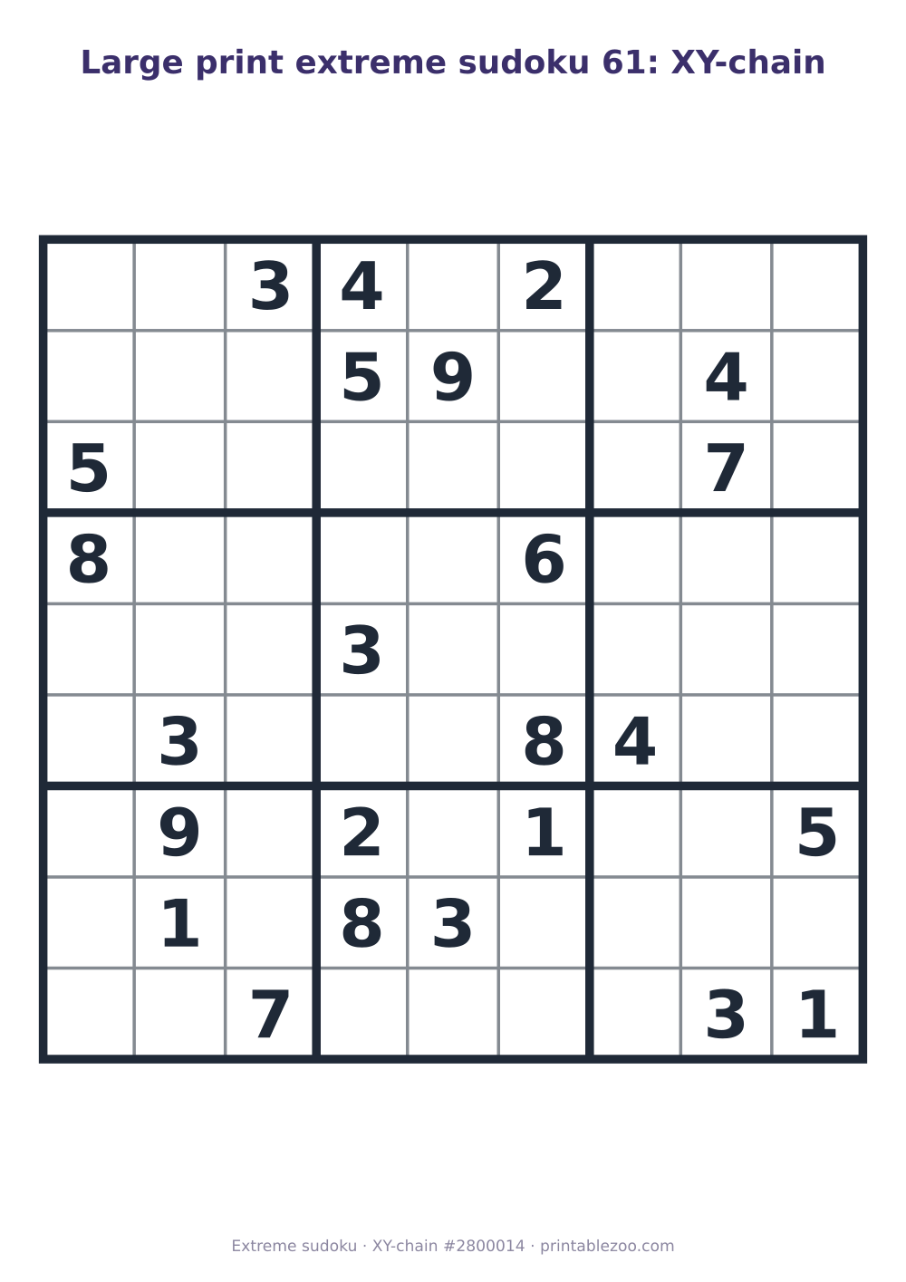Large print extreme sudoku printable graded XY-chain, 24 clues, puzzle 2800014