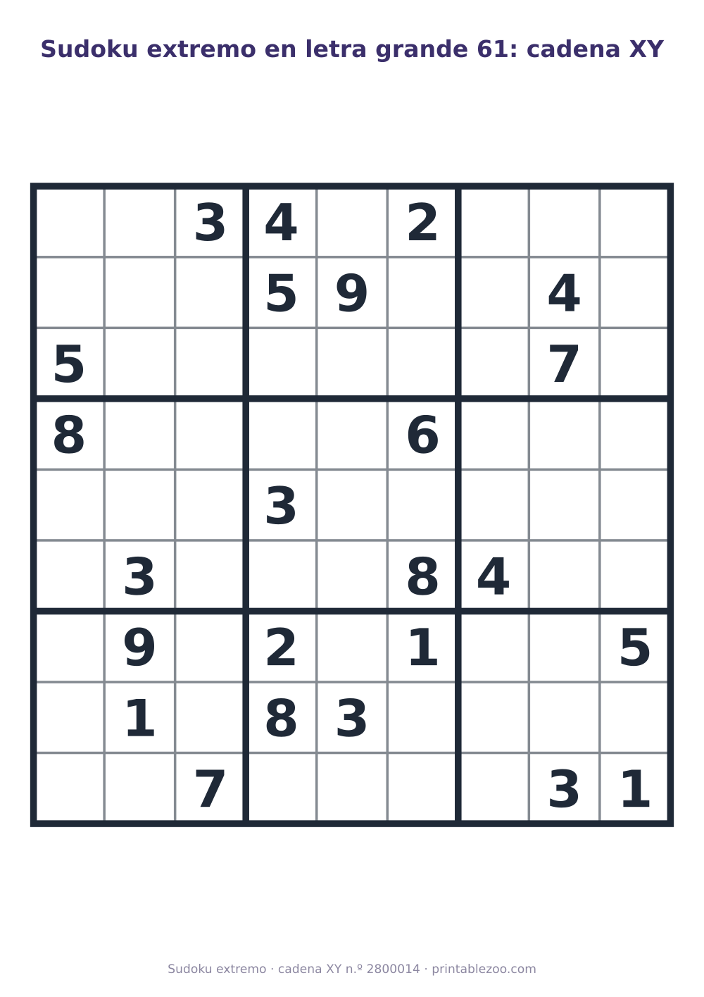 Sudoku extremo en letra grande para imprimir, nivel cadena XY, 24 pistas, pasatiempo 2800014