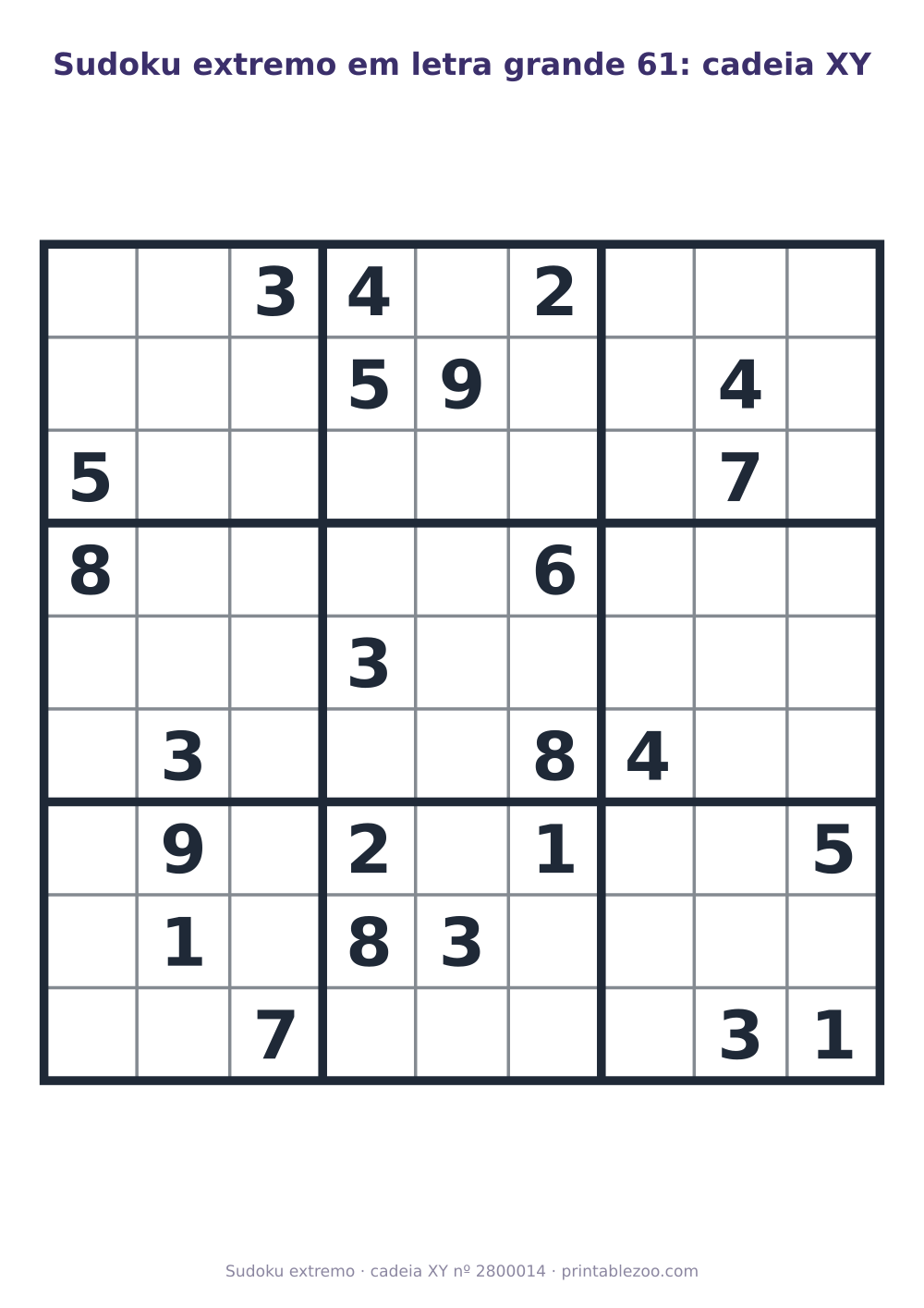 Sudoku extremo em letra grande para imprimir, nível cadeia XY, 24 pistas, desafio 2800014