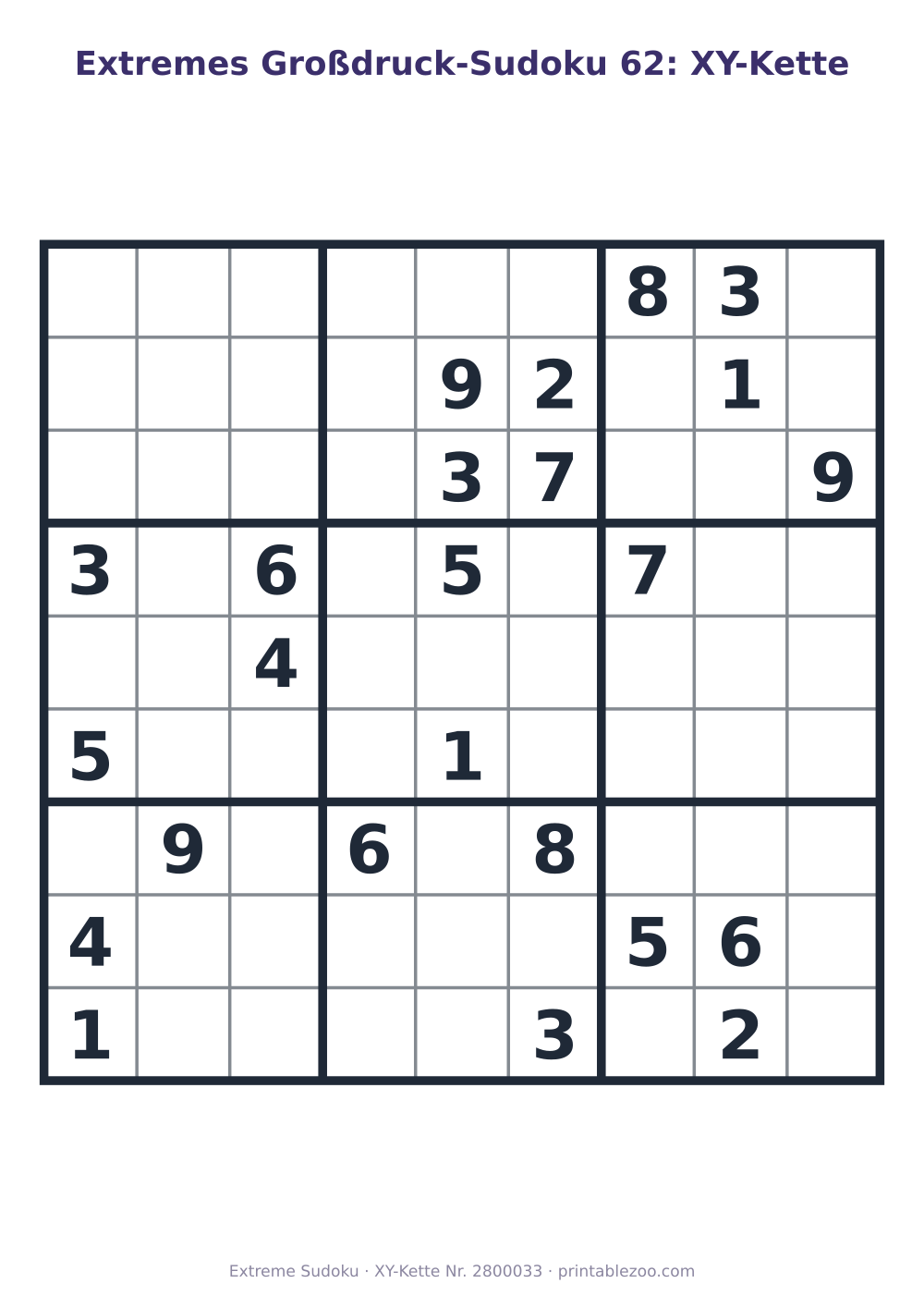Extremes Sudoku im Großdruck zum Ausdrucken, Stufe XY-Kette, 24 Vorgaben, Rätsel 2800033